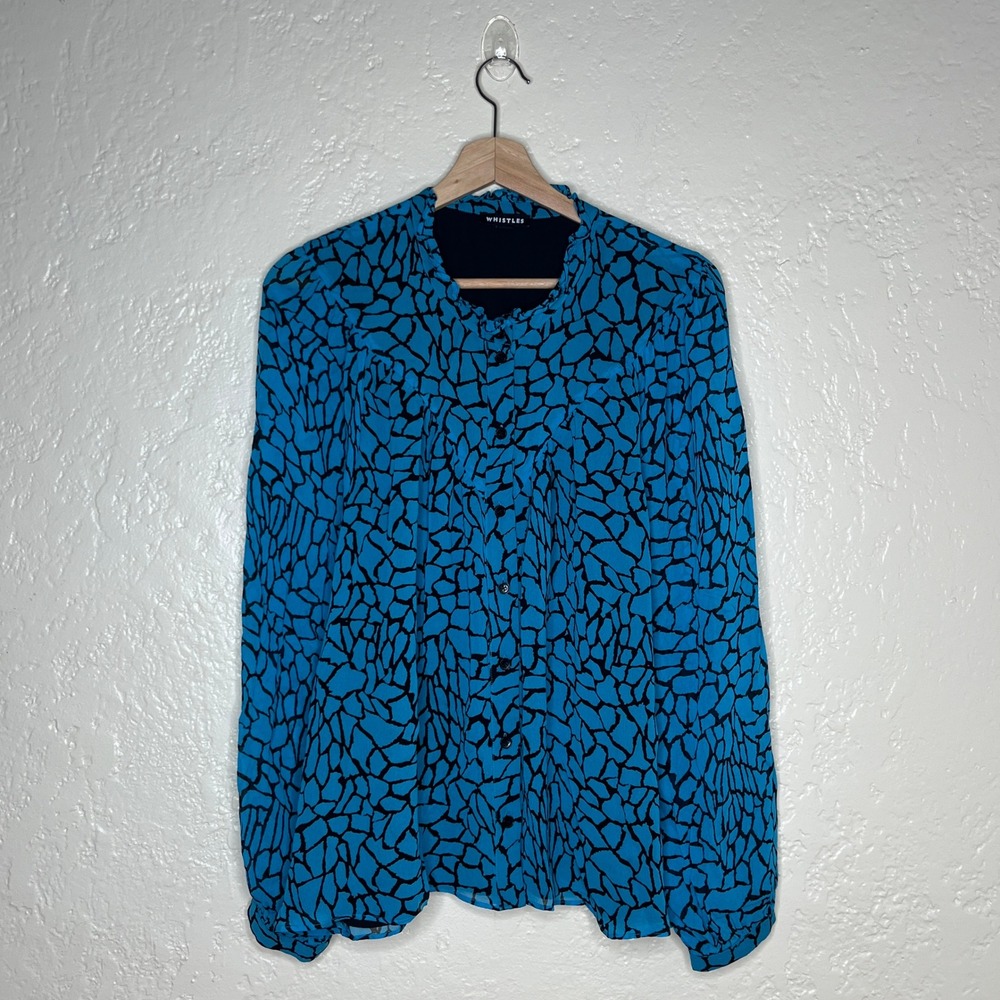 Whistles Blue Black Terrazzo Print Ruffle Neck Blouse US 12 UK 16 Long Sleeve